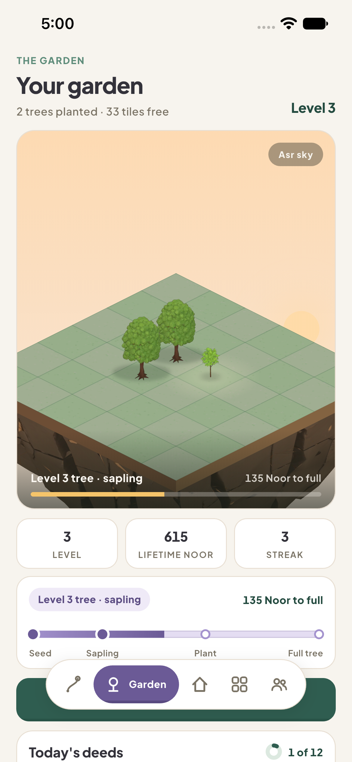 Arqaan's Garden tab: a floating island of grass tiles, two grown trees and a sapling on it, with level, lifetime Noor and streak below.